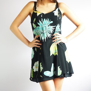 Vintage dress, Vintage Y2K floral pattern spaghetti straps black mini dress, summer clothing
