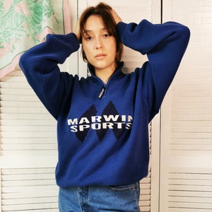 Women sweater, Vintage 90s 1/4 zipped knitted blue cotton unisex jumper