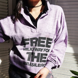 Vintage sweatshirt pullover, Vintage 90s lilac slogan zip collar oversized sweatshirt, retro woman clothing