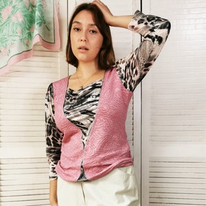 Vintage top for woman, Vintage 90s Kitsch pink animal print top blouse, retro clothes, retro woman clothing