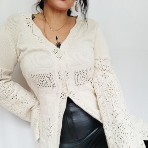 Retro 90s cream white patchwork long buttons down cardigan