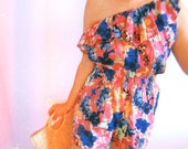 Floral playsuit, Vintage 90s retro floral pattern ruffle one shoulder festival summer holiday beach mini jumpsuite UK 8