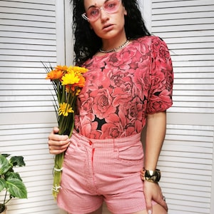 Vintage top for woman, Vintage 80s red Roses print jersey blouse top, retro clothes, retro woman clothing