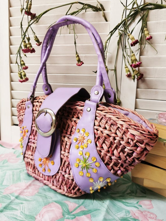 Pink retro straw bag, Y2K 90s 00s shoulder bag, V… - image 2