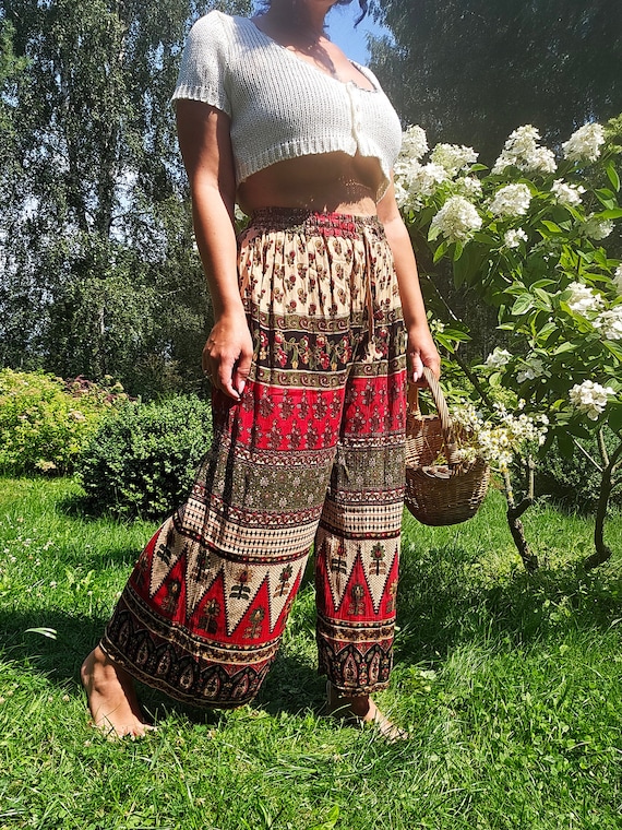 Pantalon large a la cheville large pantalon court gaucho a imprime abstrait colore vintage des annees 90 Etsy France