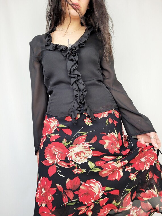 Black Sheer Ruffle Top, Vintage 90s Black Sheer Ruffle