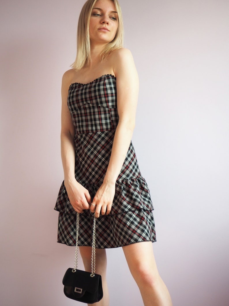 Y2K vinatge tartan plaid off shoulder ruffle party dress 70/'s 80/'s 90/'s Y2K Vintage women clothing