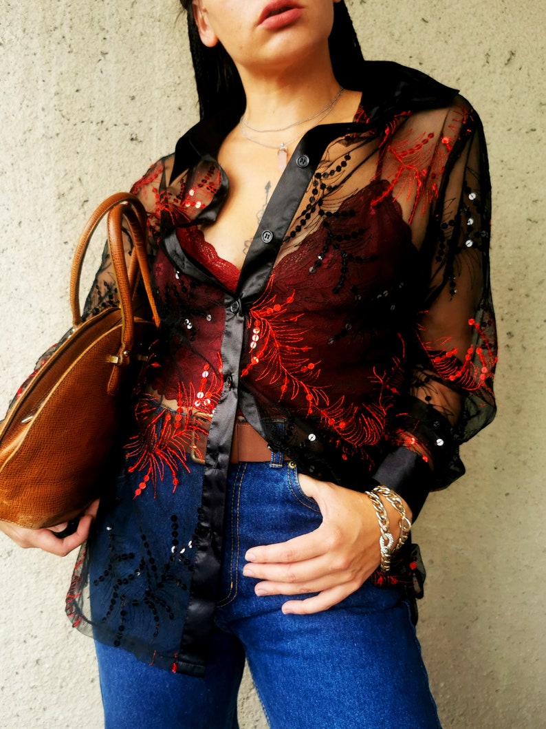Vintage 90s black sequined sheer oversize shirt blouse 12-16
