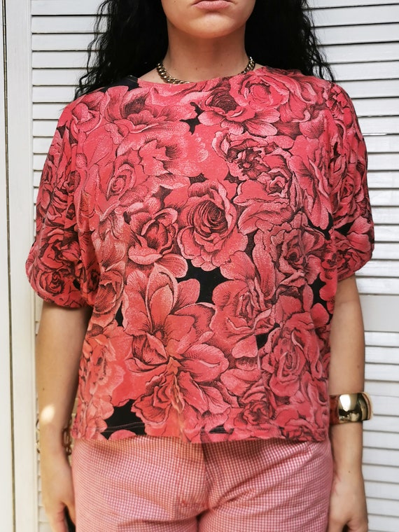 Vintage top for woman, Vintage 80s red Roses prin… - image 5