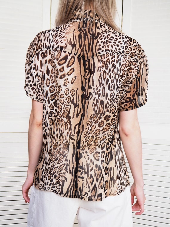 Animal Print Summer Blouse, Vintage 90s Sheer Leopard Animal Print