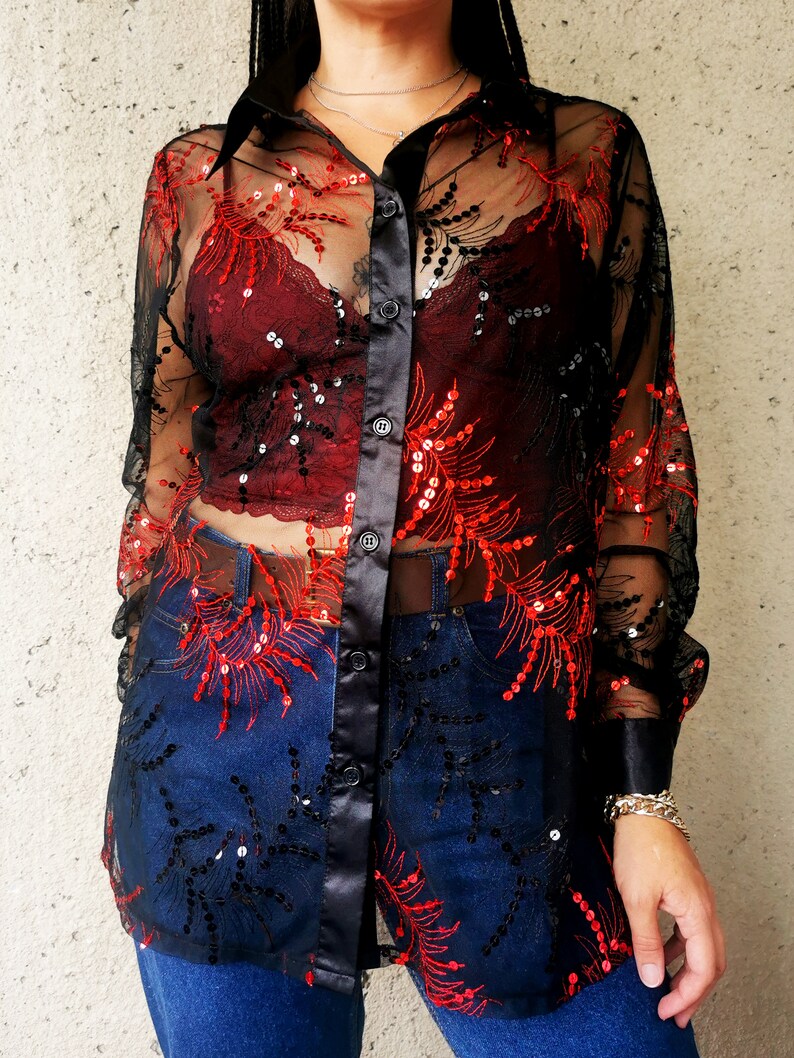 Vintage 90s black sequined sheer oversize shirt blouse 12-16