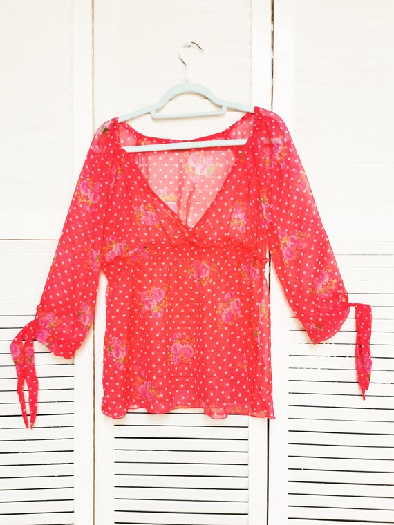 Vintage top for woman, Vintage 90s pink polka dot… - image 5