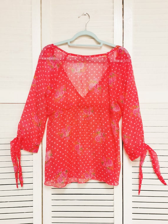 Vintage top for woman, Vintage 90s pink polka dot… - image 6