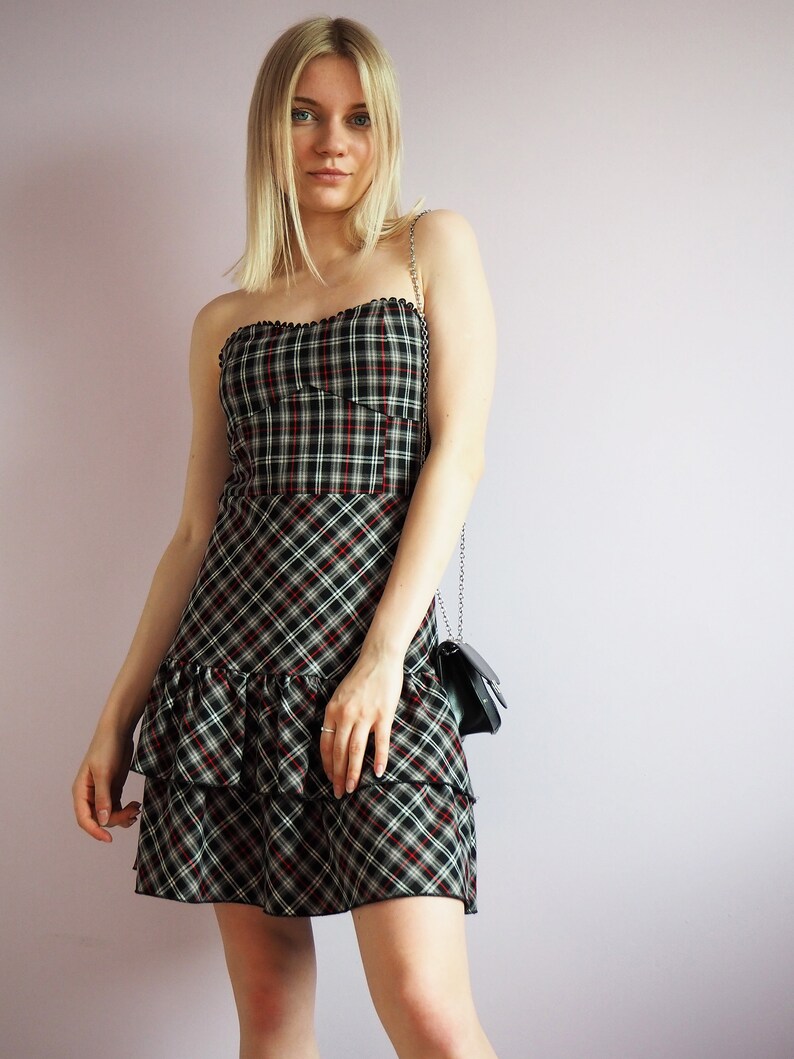 Y2K vinatge tartan plaid off shoulder ruffle party dress 70/'s 80/'s 90/'s Y2K Vintage women clothing