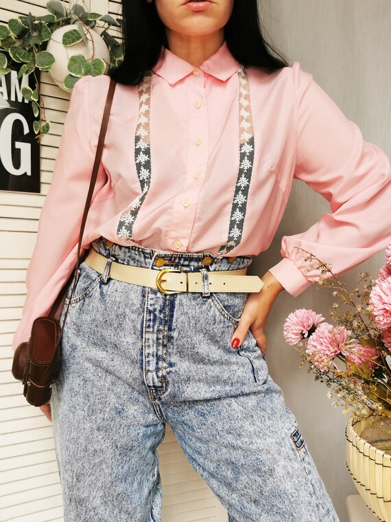 barbie pink dress shirt Vintage Barbie Pink Shirt With Mirrored Details, Unique Blouse With Chrome  Dots