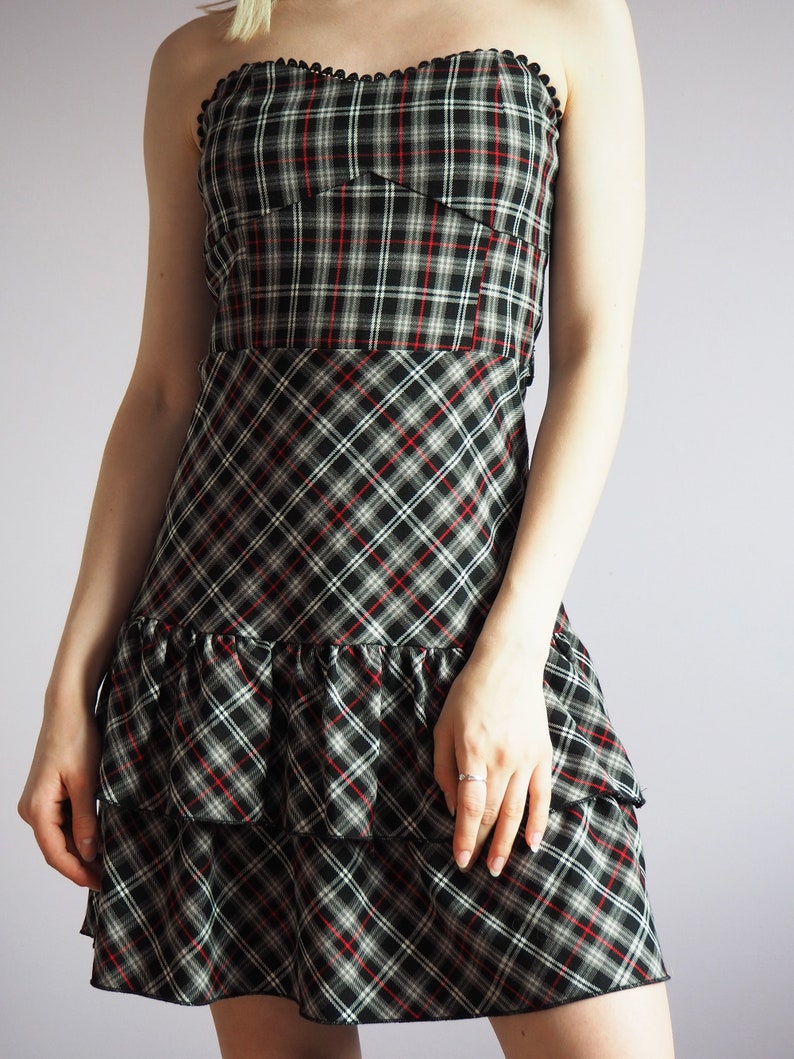 Y2K vinatge tartan plaid off shoulder ruffle party dress 70/'s 80/'s 90/'s Y2K Vintage women clothing