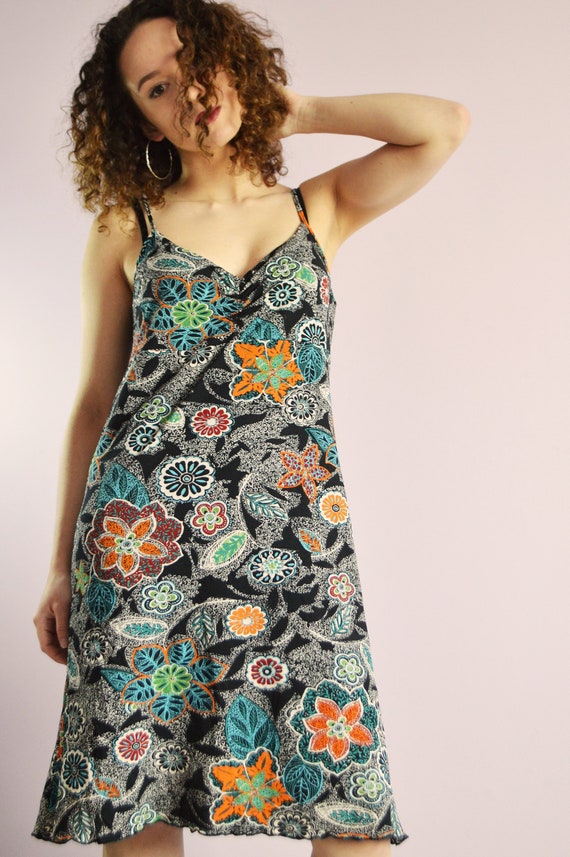 90s floral spaghetti strap dress Vintage Dress, Vintage Straps Print Colorful Midi M, Summer Clothing delicate floral print detailing