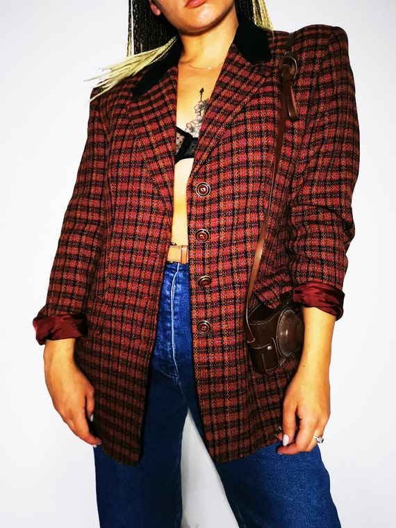 Vintage 80's plaid partly woolen buttoned blazer j