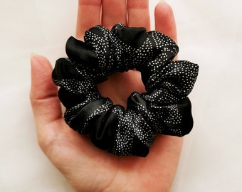 100% SILK Handmade black dot print medium hair scrunchy