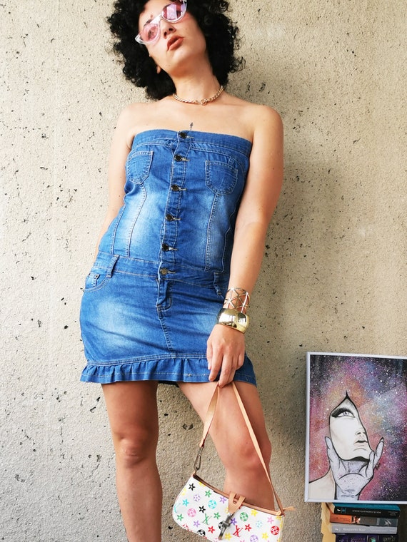 Vintage dress, Vintage Y2K strapless ruffle denim low waist mini dress, summer clothing