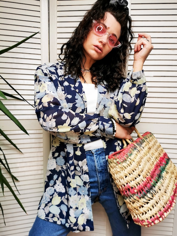 Vintage Shirt, Vintage 80s Floral Print Long Sheer Open Front Top