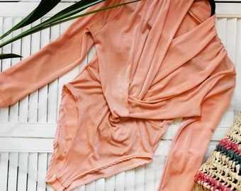 Vintage top for woman, Vintage 80s pink crossed front bodysuit blouse, retro clothes, retro woman clothing