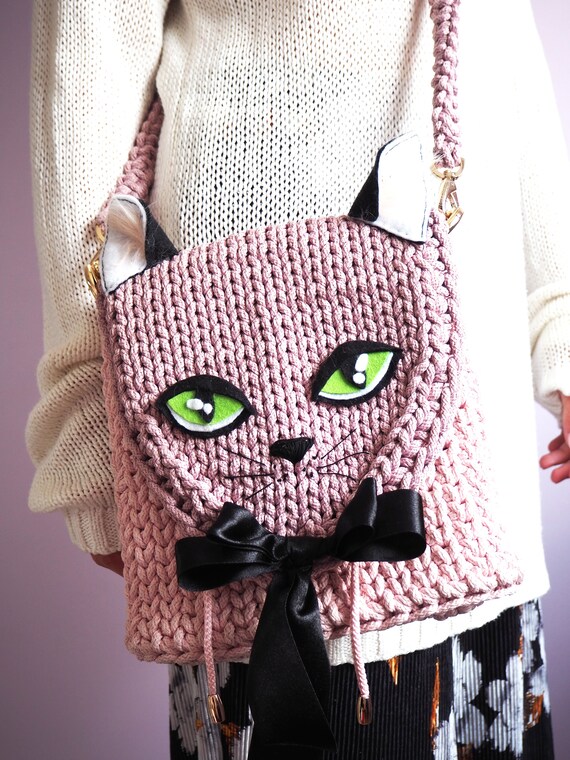 Handmade Rope Crochet Shoulder Bag Cat Face Cross Body Bag Pink