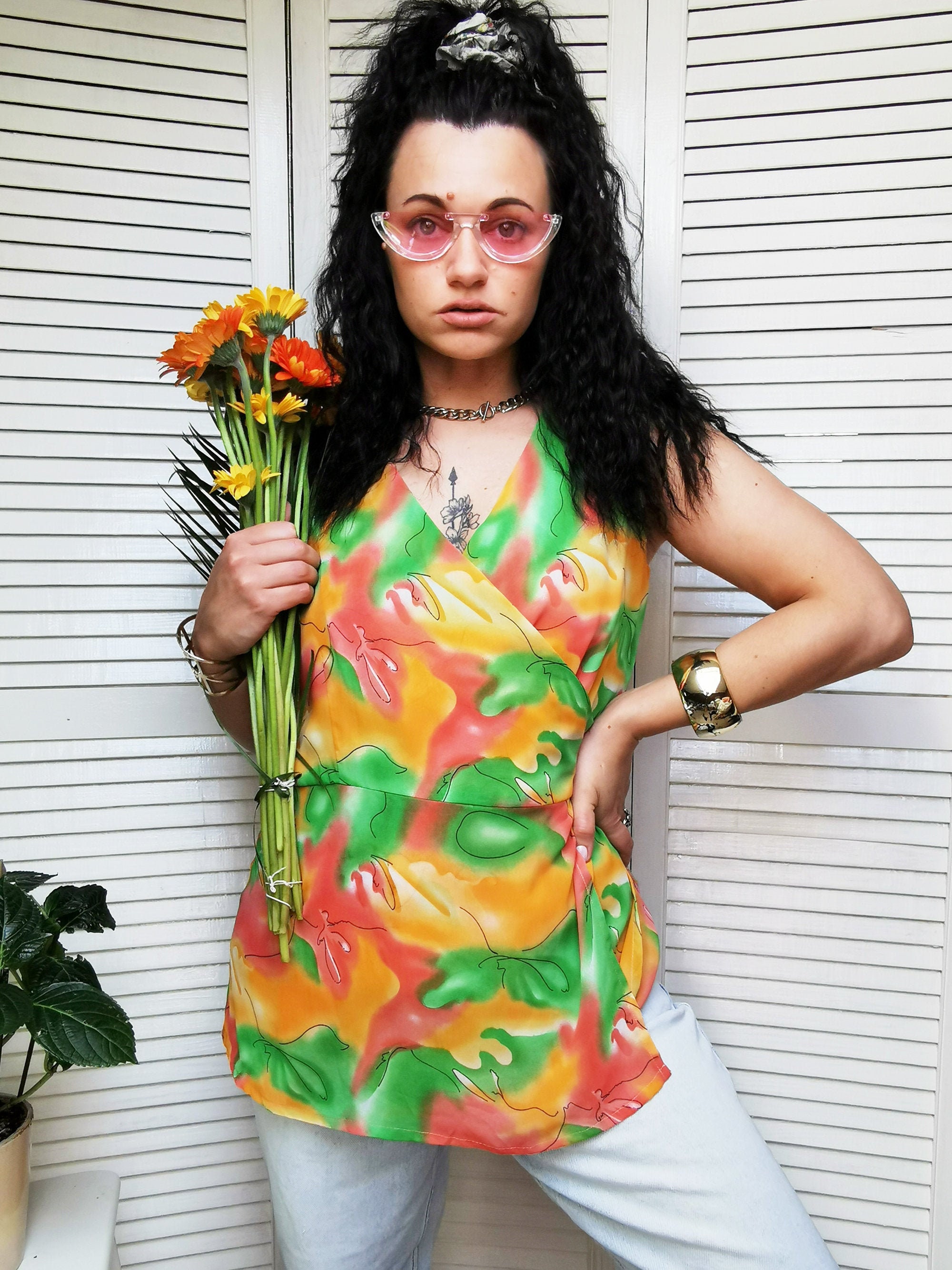 Vintage top for woman, Vintage 80s colorful wrap tie up chiffon tunic blouse top, retro clothes, retro woman clothing