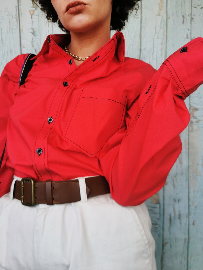 Vintage 90s minimalist red menswear oversize unisex shirt