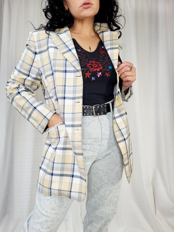 Plaid menswear blazer, Vintage 90s beige checked … - image 4