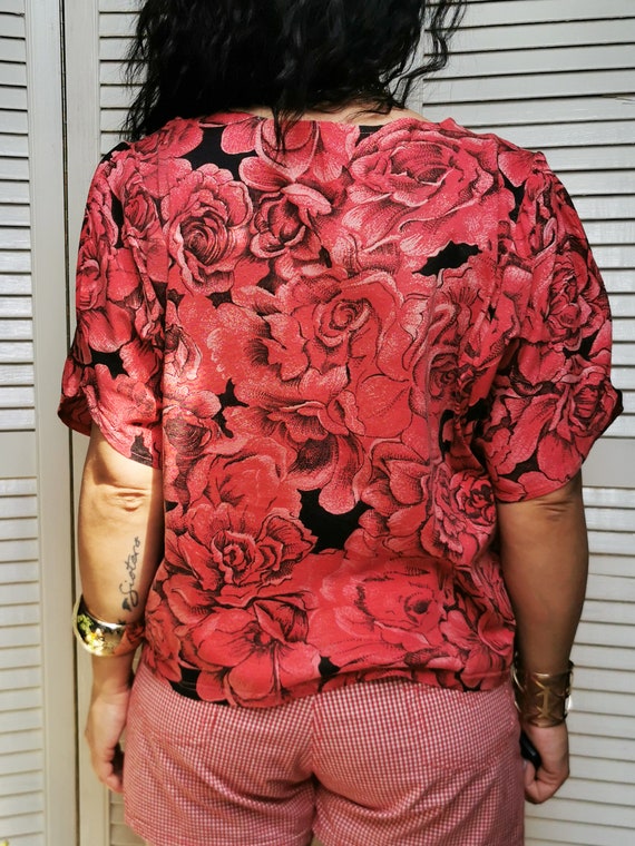 Vintage top for woman, Vintage 80s red Roses prin… - image 6