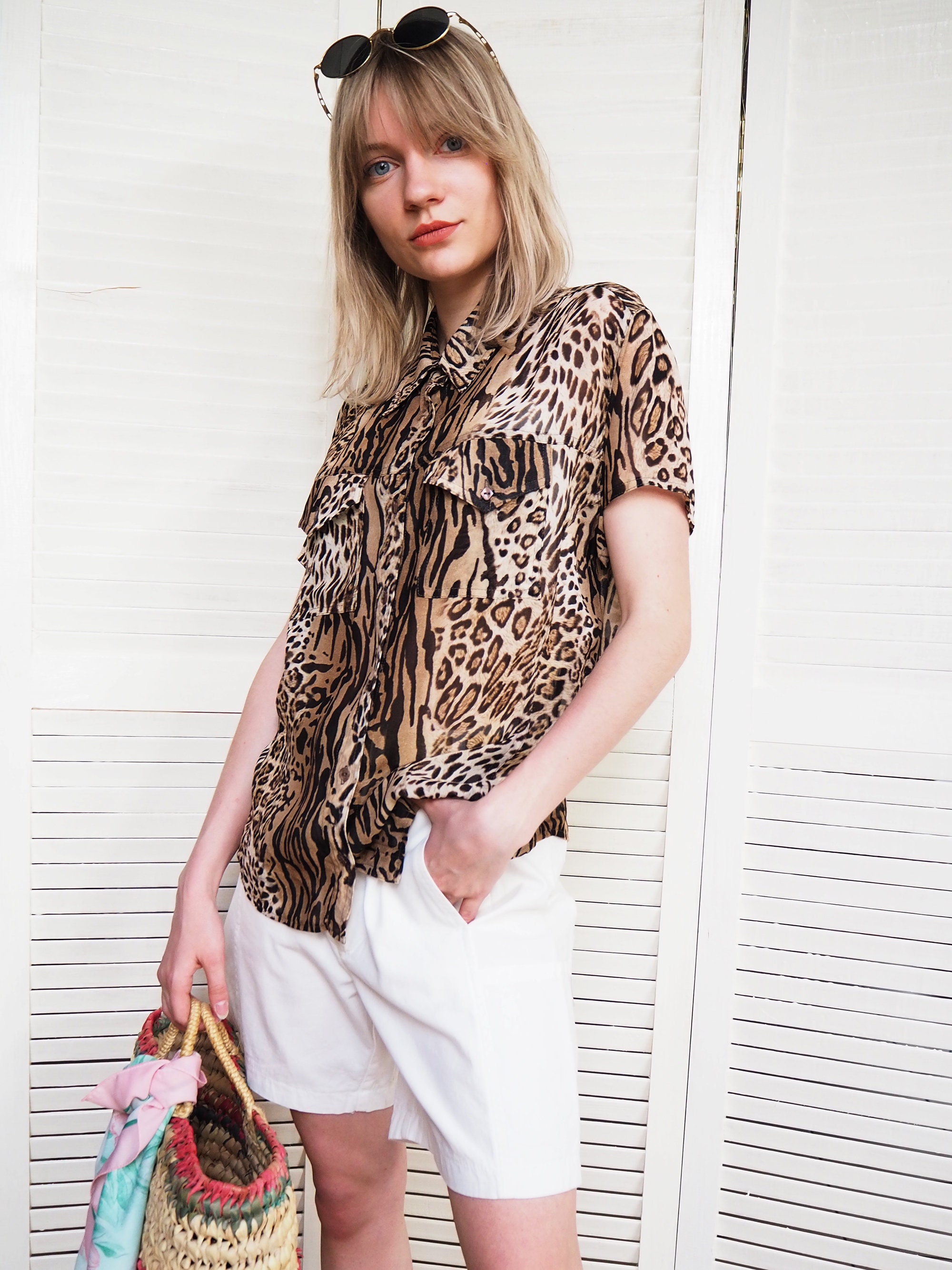 Animal Print Summer Blouse, Vintage 90s Sheer Leopard Animal Print