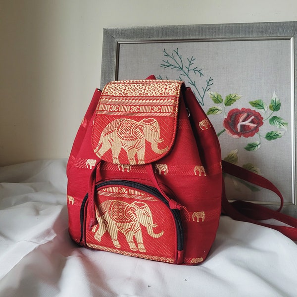 90s vintage red Indian folk elephant print backpack bag