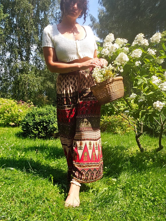 Wide Leg Ankle Trousers, Vintage 90s Colorful Abstract Print