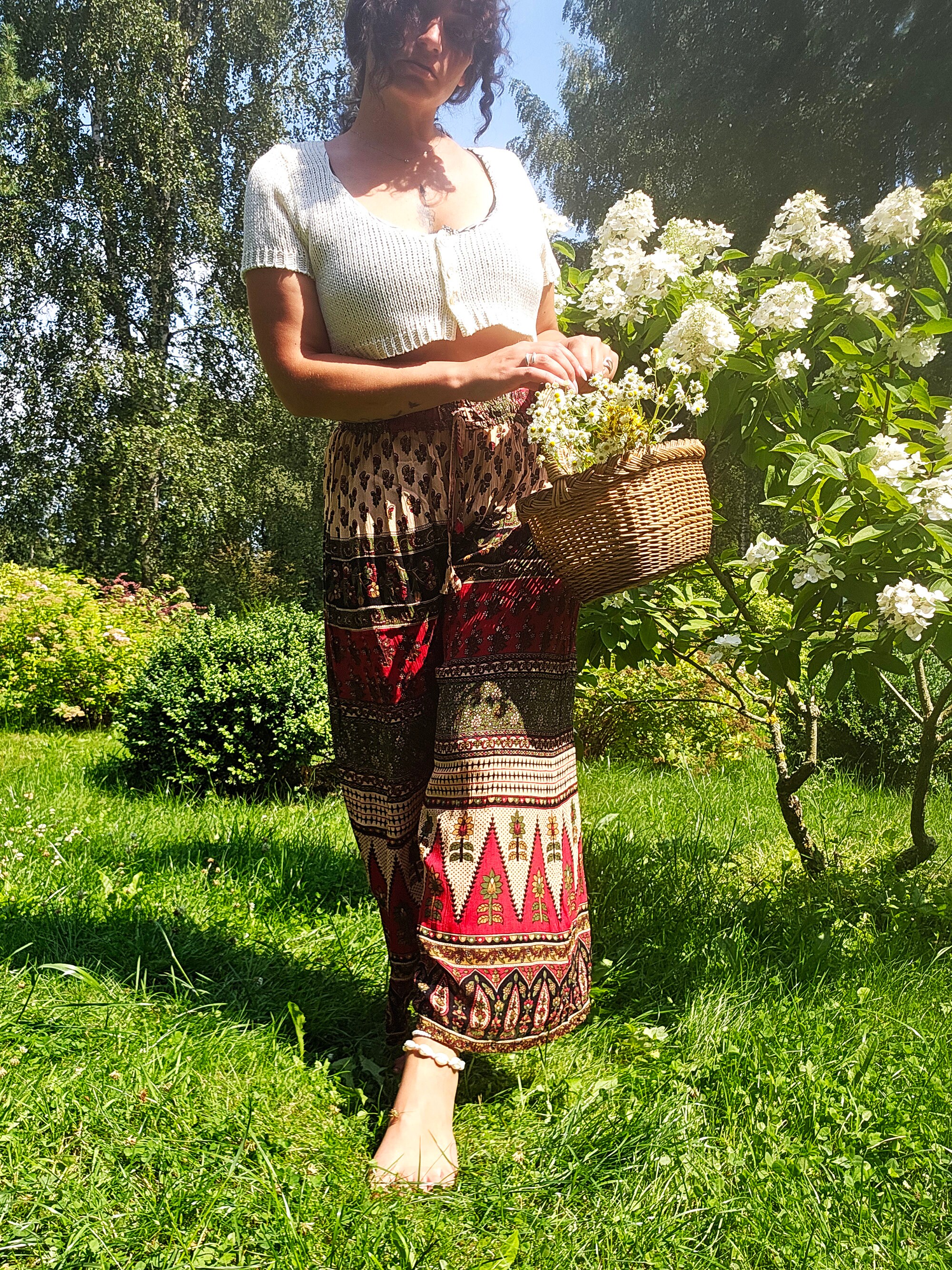 Wide Leg Ankle Trousers, Vintage 90s Colorful Abstract Print Wide