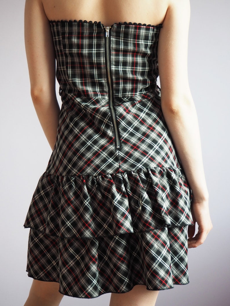 Y2K vinatge tartan plaid off shoulder ruffle party dress 70/'s 80/'s 90/'s Y2K Vintage women clothing