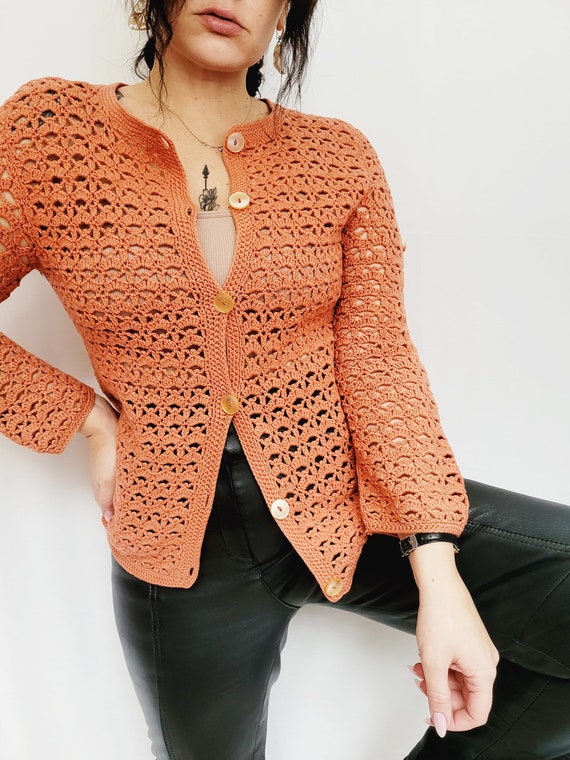 80s Handmade Orange Sheer Crochet Buttons Down Cardigan - Etsy 80s Handmade Orange Sheer Crochet Buttons Down Cardigan - Etsy