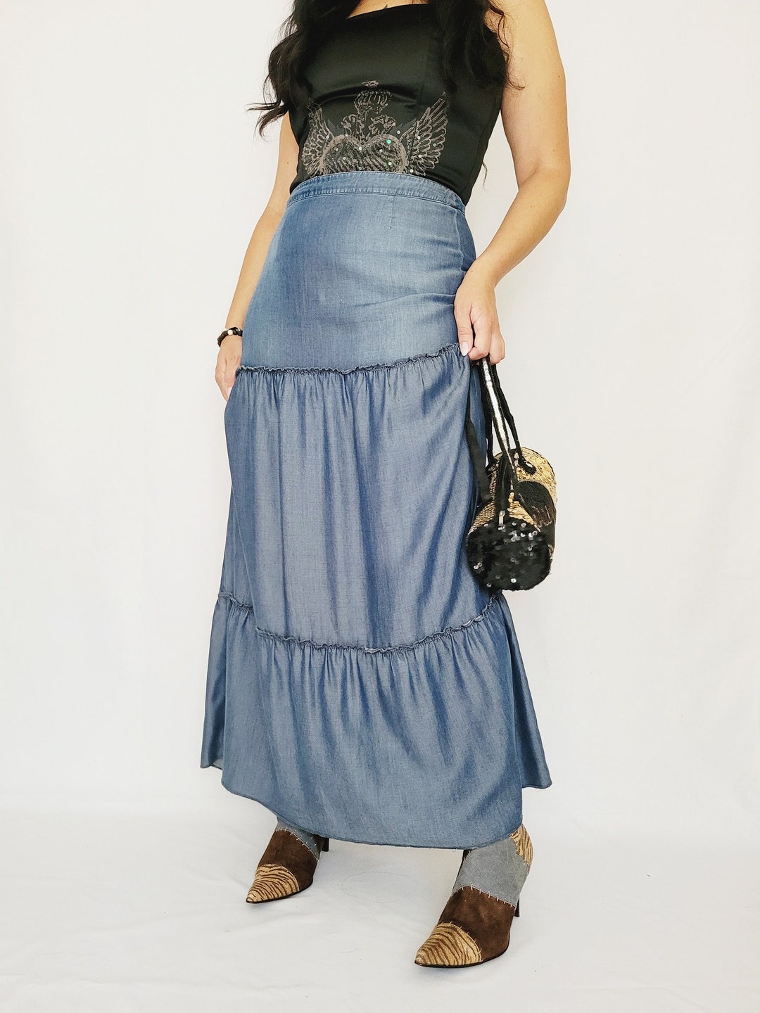90s Betty Barclay Blue Denim-like Peasant Maxi Festive Skirt