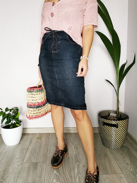 Jupes vintage denim vintage des annees 90 bleu marine cravate midi jupe crayon vetements retro femme Etsy France