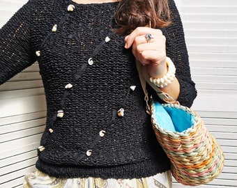 Retro woman clothing, Y2K aesthetics, Women sweater, Vintage 90s black shell sheer knit jumper top