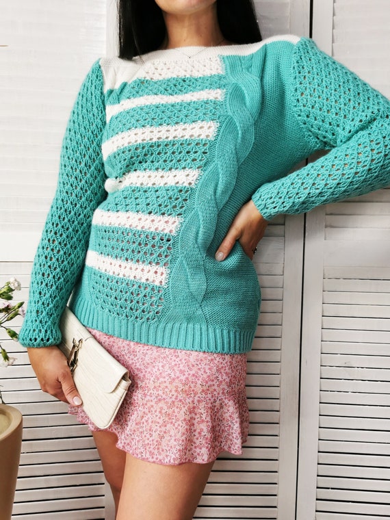Women Sweater, Vintage 90s Handmade Striped Knit Oversize Jumper 