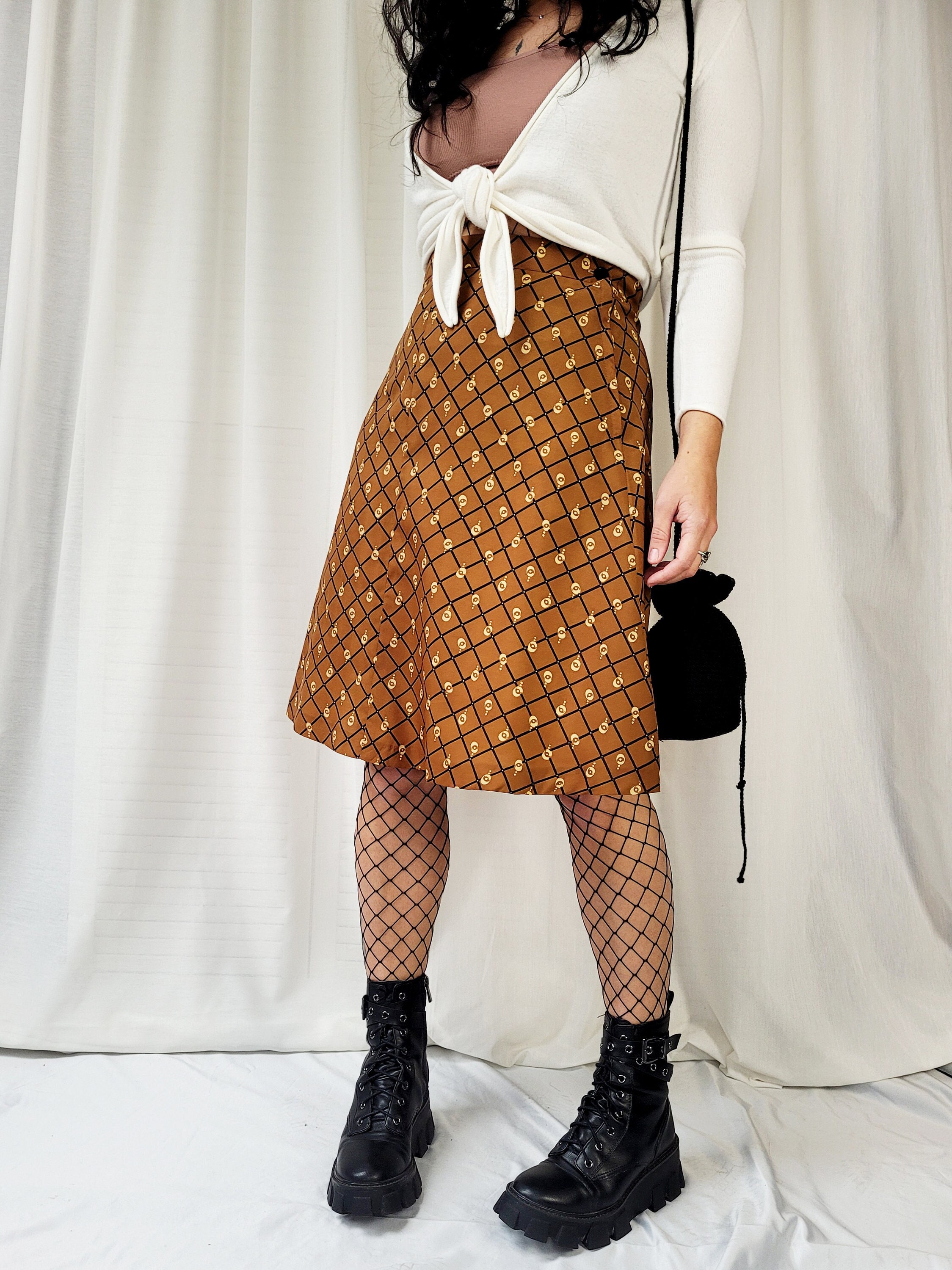 Brown plaid midi skirt, Vintage 90s brown geometric print midi A line skirt, Minimalist knee summer skirt, Silky bronze skirt, S-M size