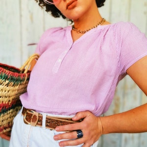 Pink striped summer top, Vintage 90s minimalist tie sleeve pink striped summer top, retro clothes, retro woman clothing, M size