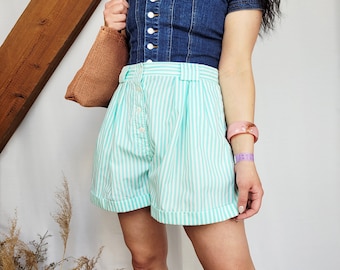 Blue striped shorts, Vintage 90s minimalist pastel striped summer shorts, M size