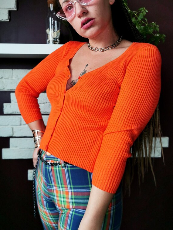 Vintage 90s ribbed knit orange petite cardigan top