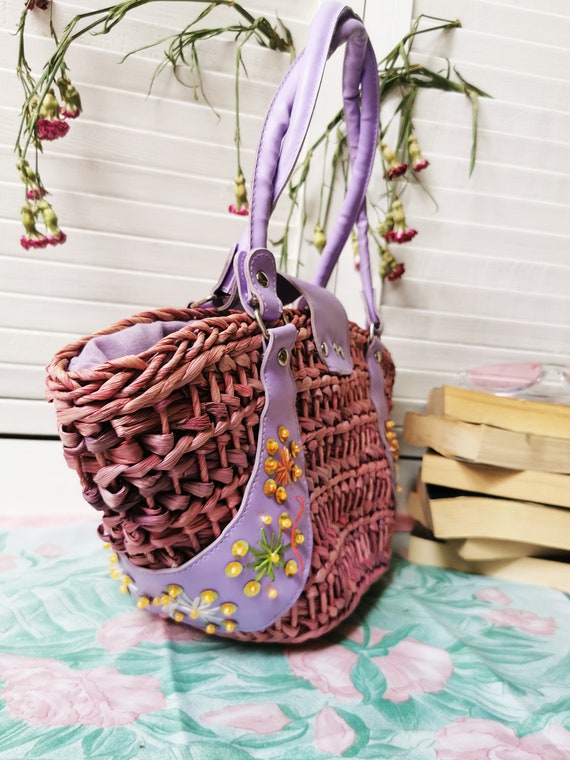 Pink retro straw bag, Y2K 90s 00s shoulder bag, V… - image 3