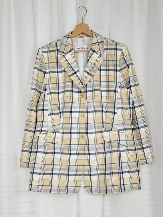 Plaid menswear blazer, Vintage 90s beige checked … - image 8