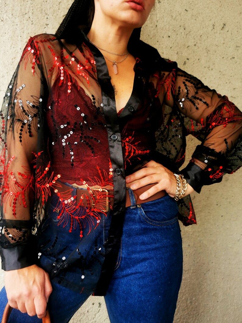 Vintage 90s black sequined sheer oversize shirt blouse 12-16