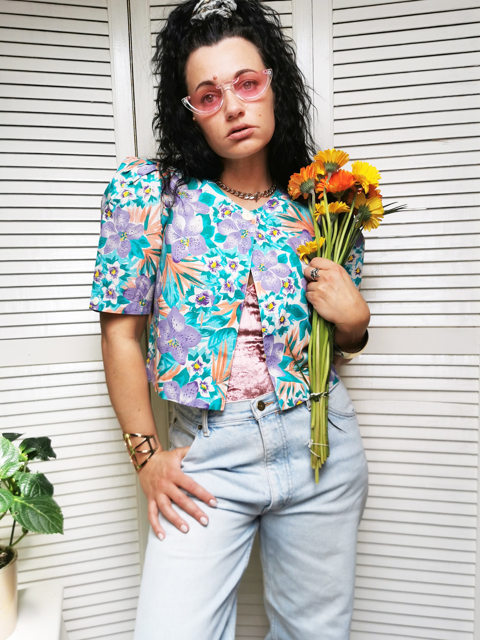 Colorful Open Blouse, Vintage 80s Puff Sleeve One Button Floral 