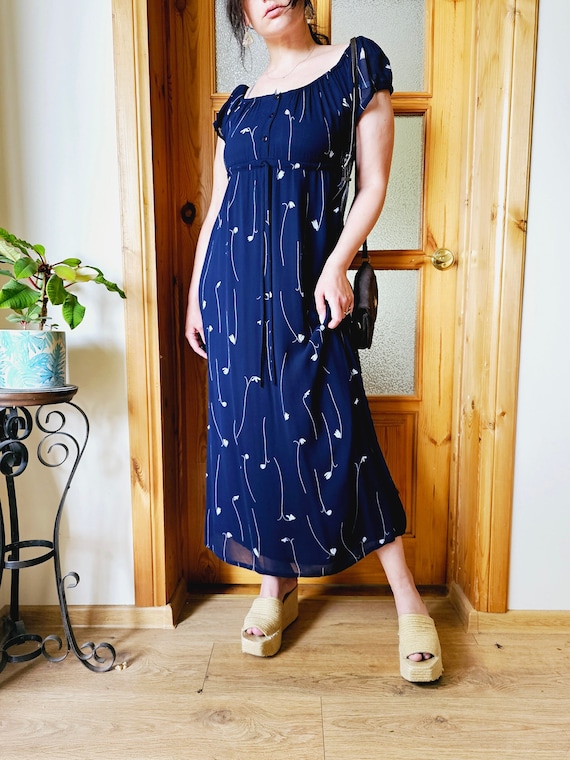 navy floral off the shoulder maxi dress Aidan Mattox Off-Shoulder Floral Jacquard Gown